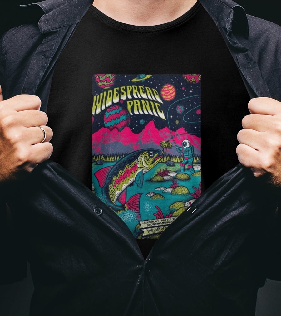 Widespread Panic Jul 5 2026 Snow King Mountain Jackson WY Cosmic Fishing Astronaut And Giant Fish Fantasy Scene T-Shirt