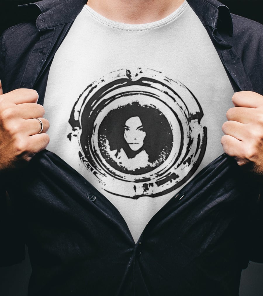 Bjork Circular Stamp Design Black And White T-Shirt