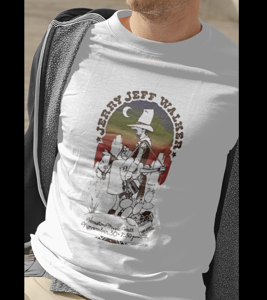 Jerry Jeff Walker Houston Music Hall November 30 7 30Pm Cowboy Guitar Art Vintage Sunset T-Shirt
