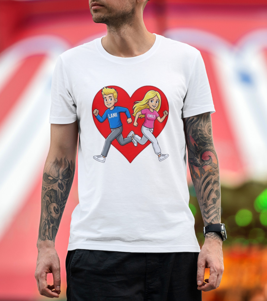 Lami And Emily Cartoon Couple Running With Heart T-Shirt