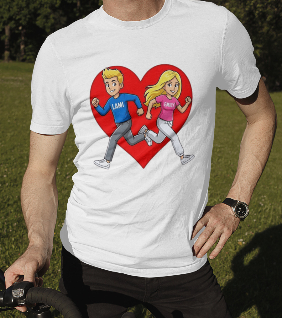 Lami And Emily Cartoon Couple Running With Heart T-Shirt