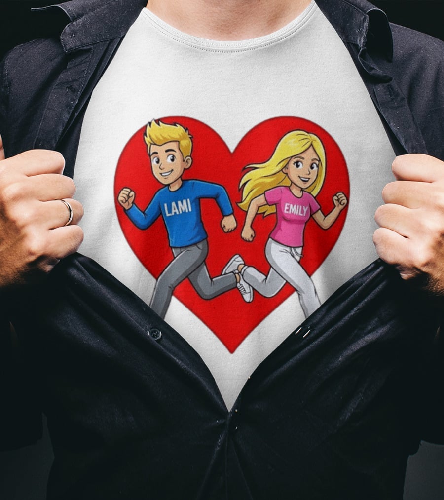 Lami And Emily Cartoon Couple Running With Heart T-Shirt