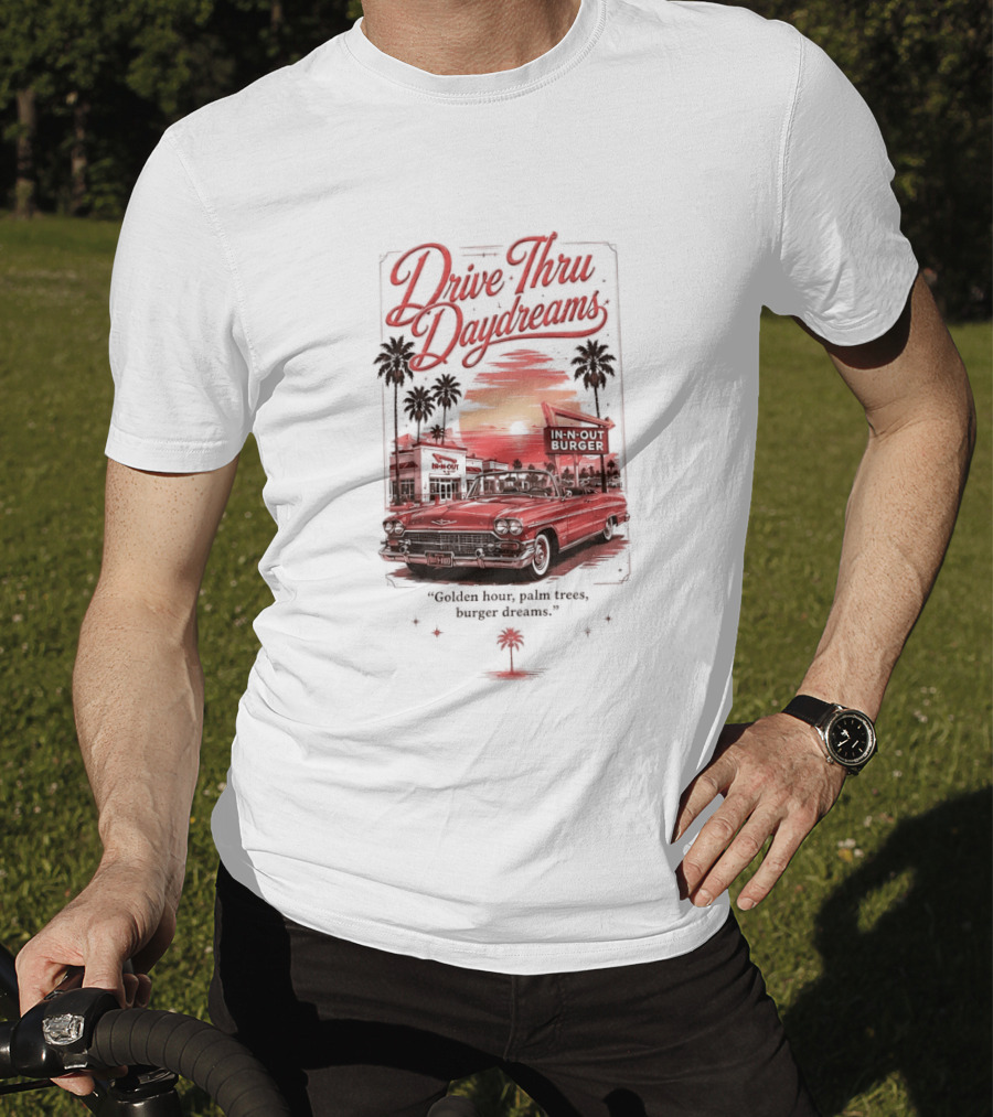 Drive Thru Daydreams In N Out Burger Golden Hour Palm Trees Car Vintage Scene T-Shirt