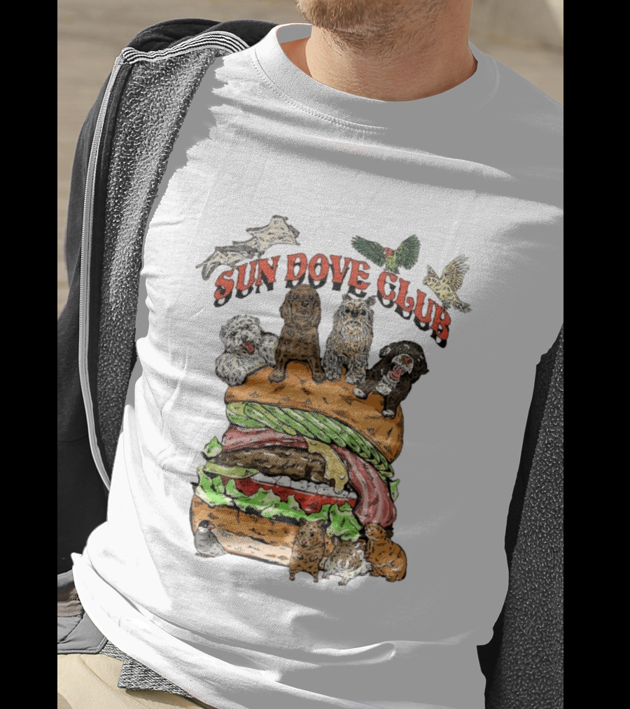 Sun Dove Club Animals On Giant Burger With Dogs And Birds T-Shirt