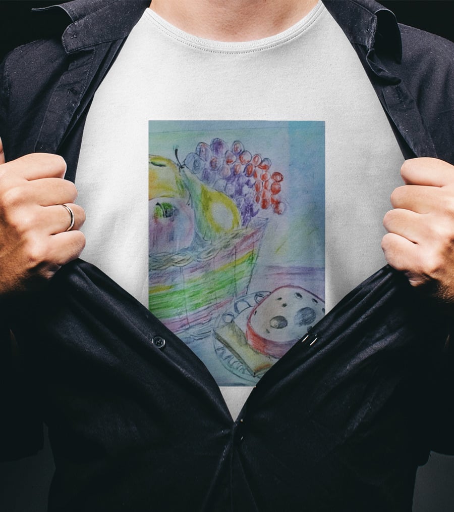 Fruit Basket Bagel Still Life Drawing Pears Apples Grapes Bread T-Shirt