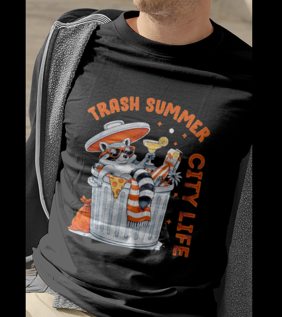 Trash Summer City Life Raccoon Enjoying Urban Vibes With Pizza And Martini T-Shirt