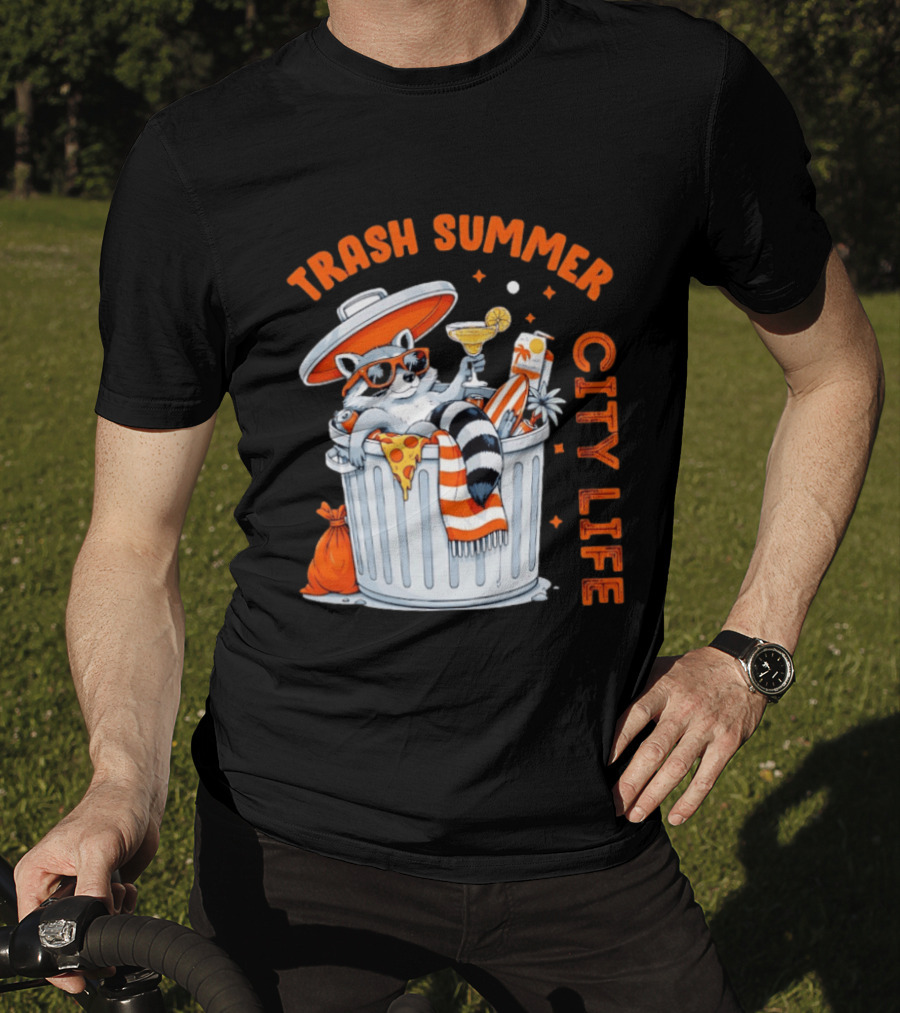 Trash Summer City Life Raccoon Enjoying Urban Vibes With Pizza And Martini T-Shirt