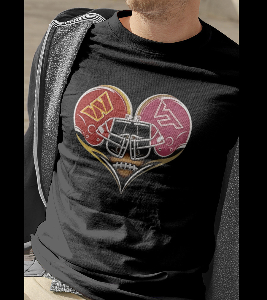 Washington Commanders Virginia Tech Hokies Helmet Heart Dual Team Spirit T-Shirt