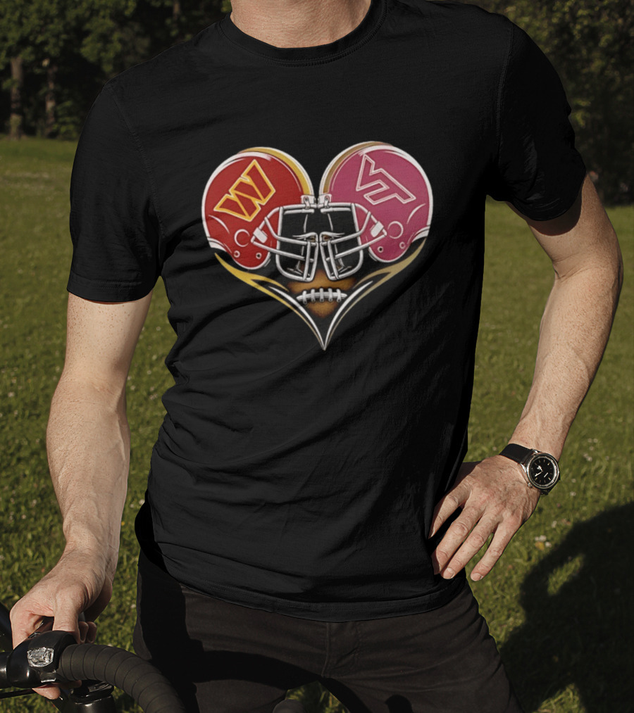 Washington Commanders Virginia Tech Hokies Helmet Heart Dual Team Spirit T-Shirt