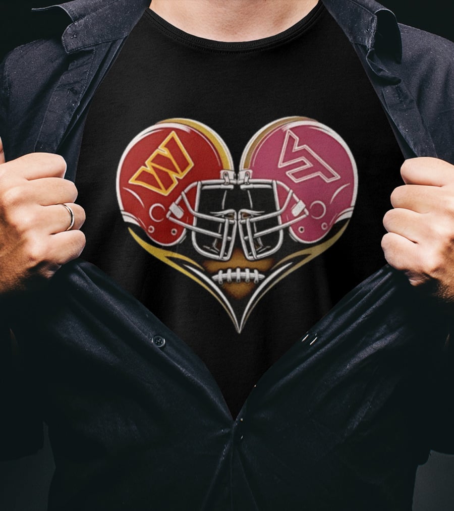 Washington Commanders Virginia Tech Hokies Helmet Heart Dual Team Spirit T-Shirt