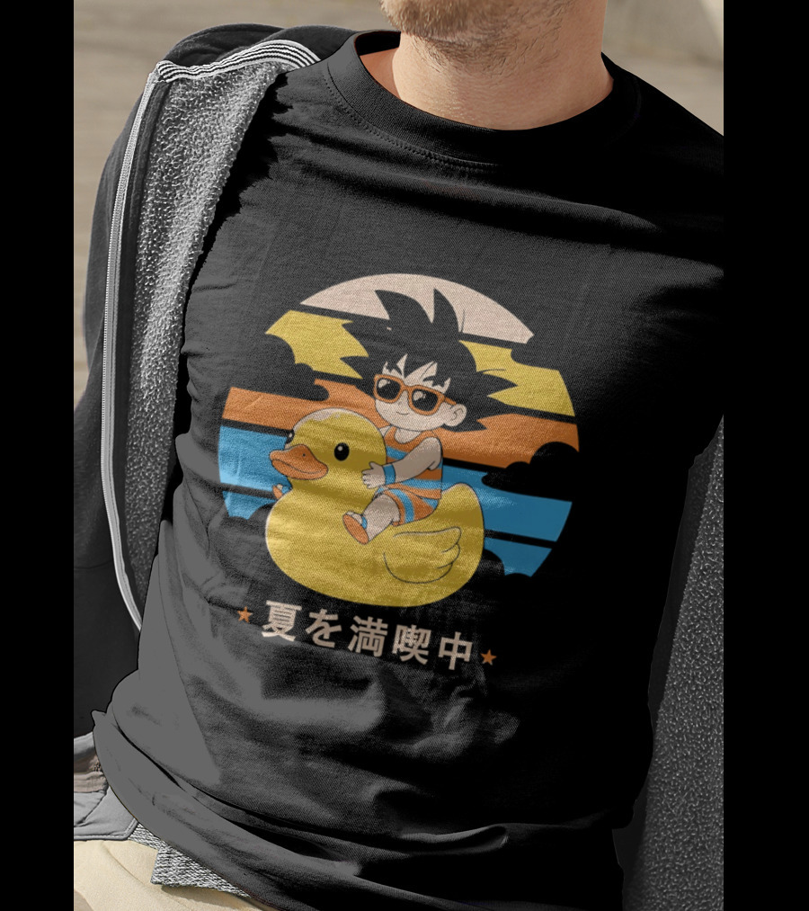 Young Goku Riding Rubber Duck At Sunset Enjoying Summer T-Shirt