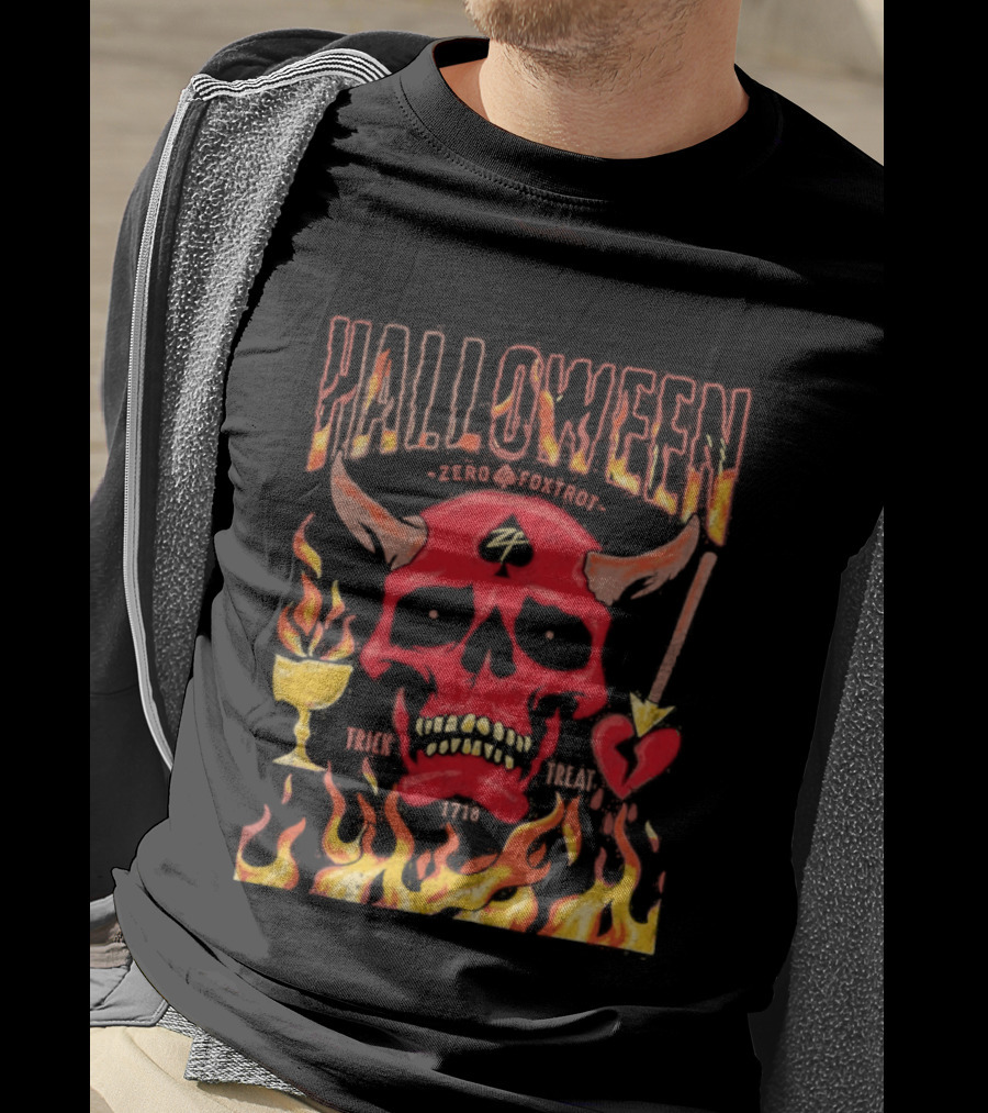 Zero Foxtrot Halloween No Quarter Flaming Demon Skull T-Shirt