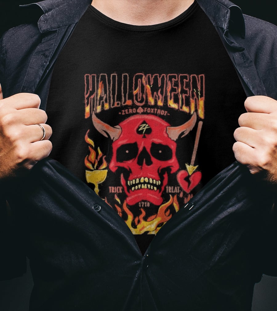 Zero Foxtrot Halloween No Quarter Flaming Demon Skull T-Shirt