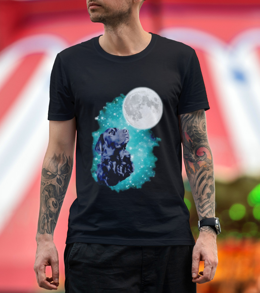 Black Dog Under Moon In Galaxy Space T-Shirt