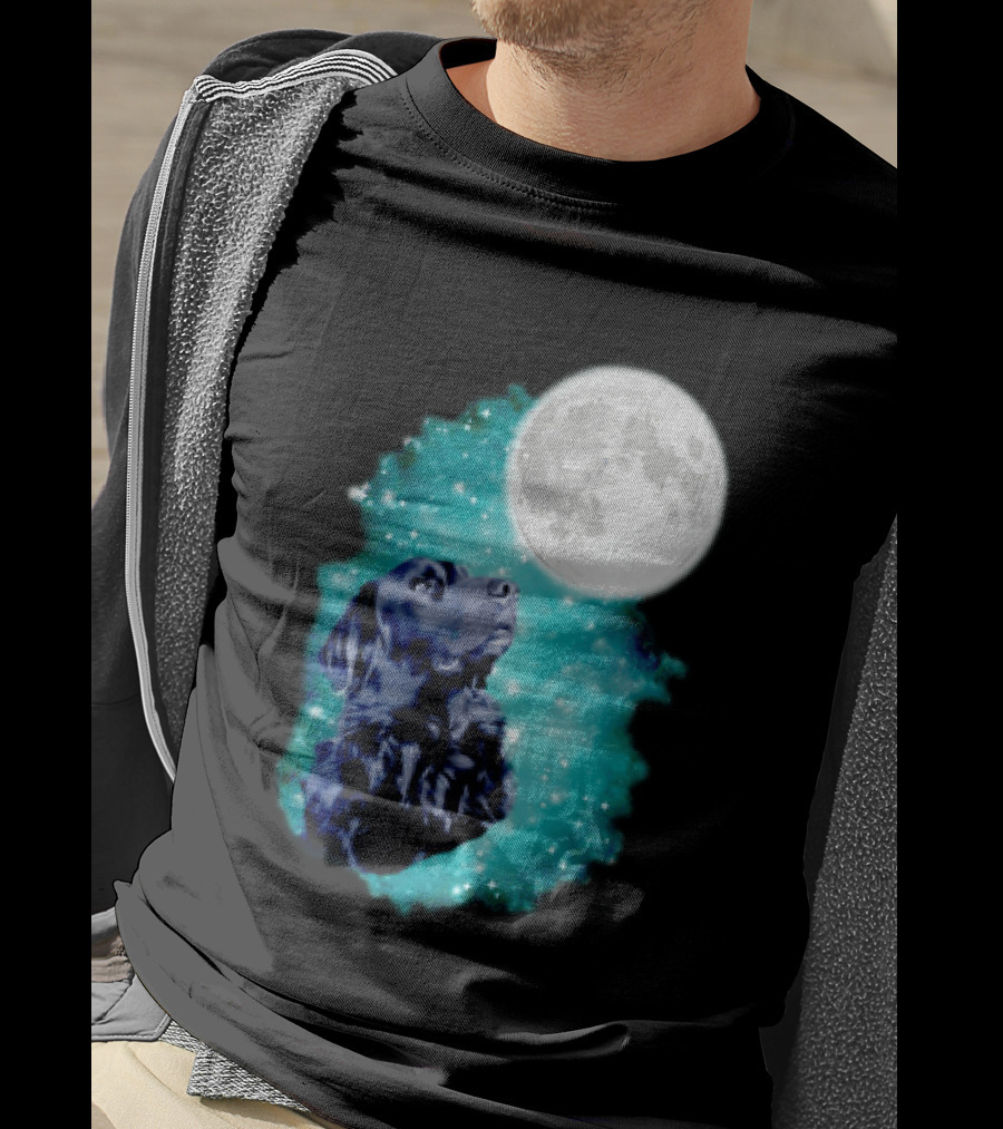 Black Dog Under Moon In Galaxy Space T-Shirt