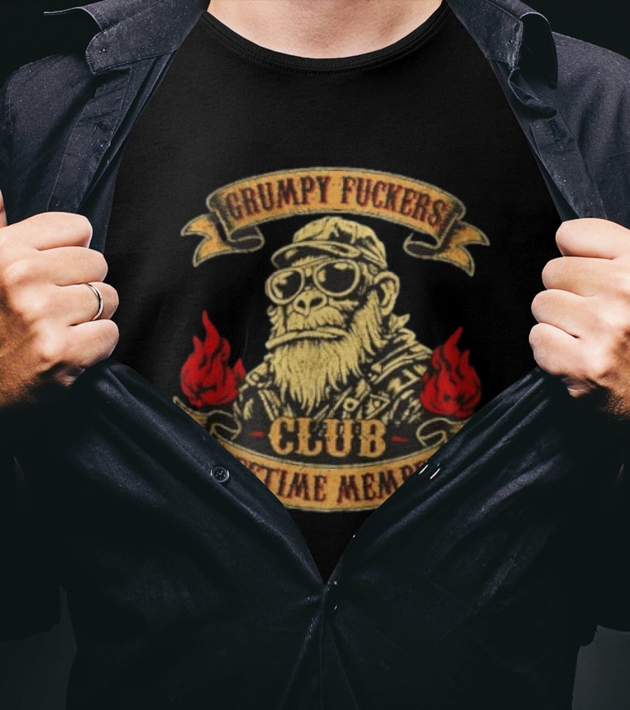 Grumpy Fuckers Club Lifetime Member Monkey With Sunglasses And Flames T-Shirt
