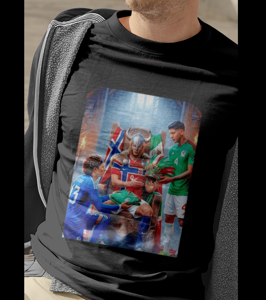 Guillermo Ochoa And Johan Vasquez Offering Mexico Jersey To Viking Erling Haaland With Norway Flag In Throne Room T-Shirt