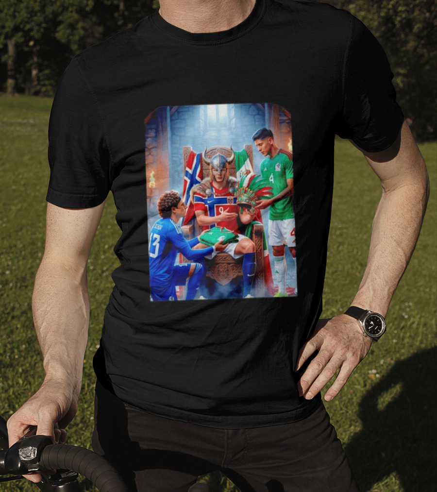 Guillermo Ochoa And Johan Vasquez Offering Mexico Jersey To Viking Erling Haaland With Norway Flag In Throne Room T-Shirt
