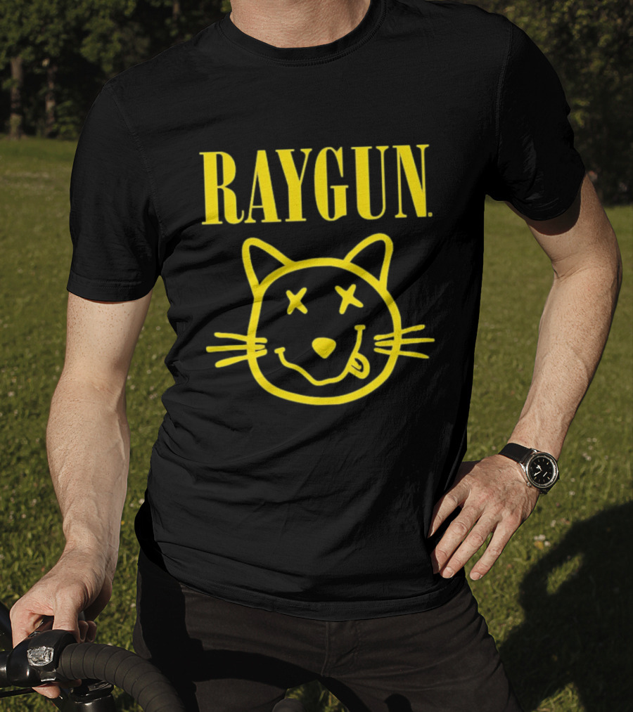 Raygun Smiley Cat Face Neon Yellow Quirky Expression T-Shirt