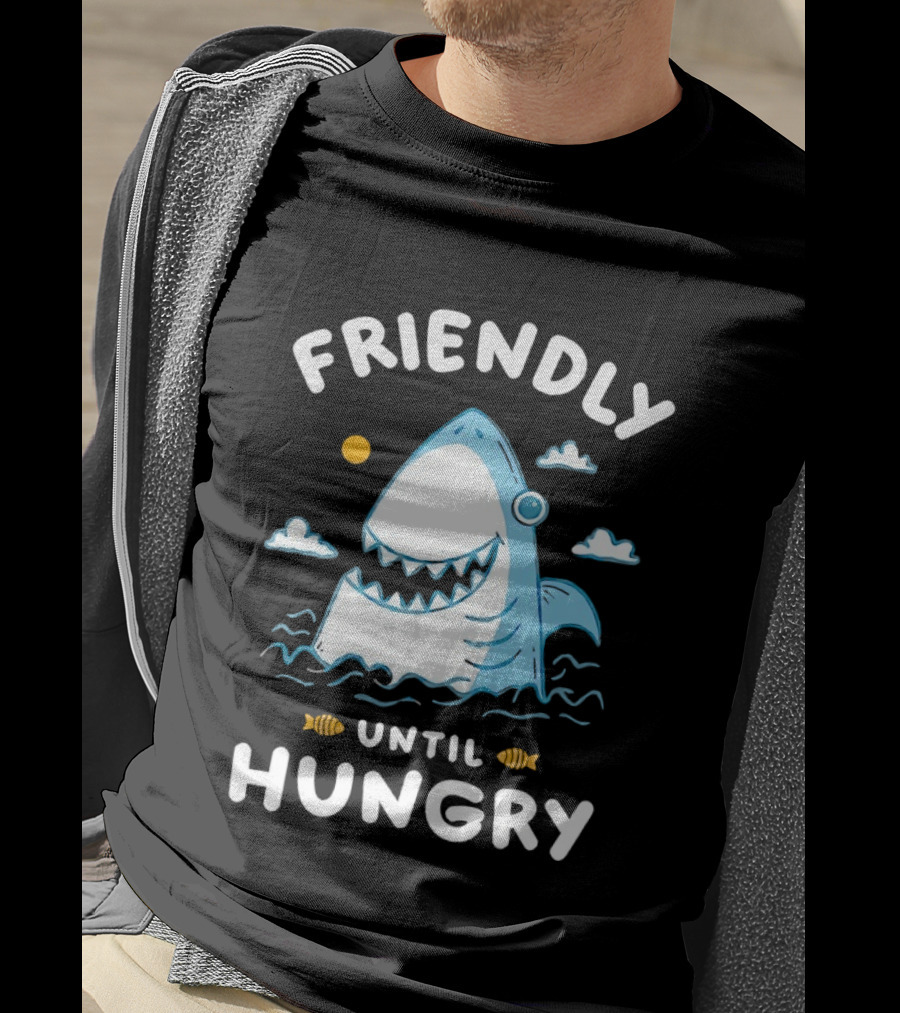 Friendly Shark Grinning Until Hungry Cloudy Ocean Scene T-Shirt