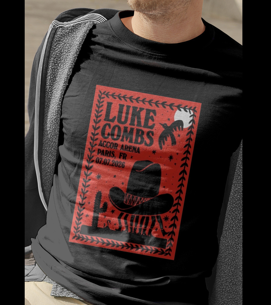 Luke Combs Accor Arena Paris FR 07.07.2026 Cowboy Hat Cactus Moon Desert Scene T-Shirt