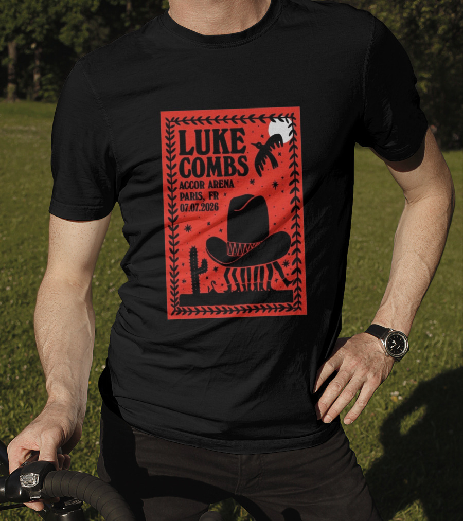 Luke Combs Accor Arena Paris FR 07.07.2026 Cowboy Hat Cactus Moon Desert Scene T-Shirt
