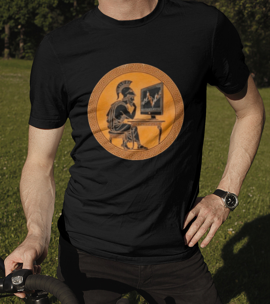 Greek Warrior Analyzing Stock Charts With Ancient Trader Flair T-Shirt