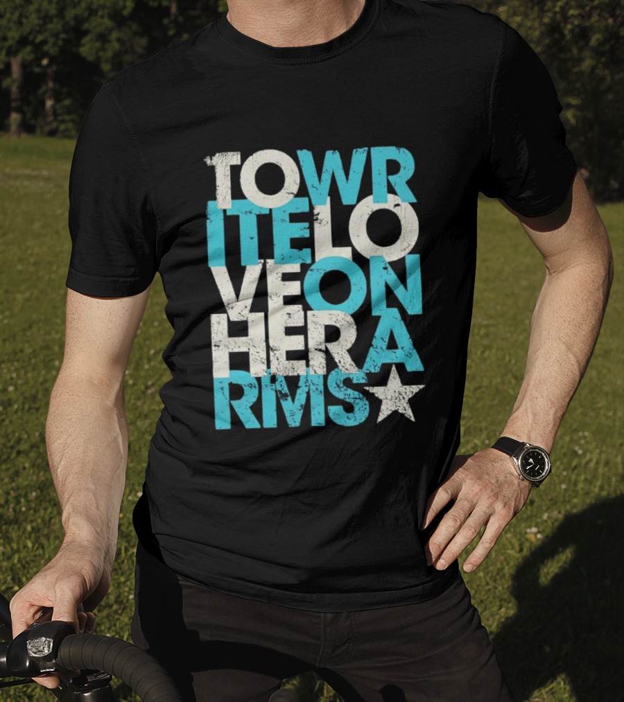 Tower Love Hero Arms Distressed Text Star T-Shirt