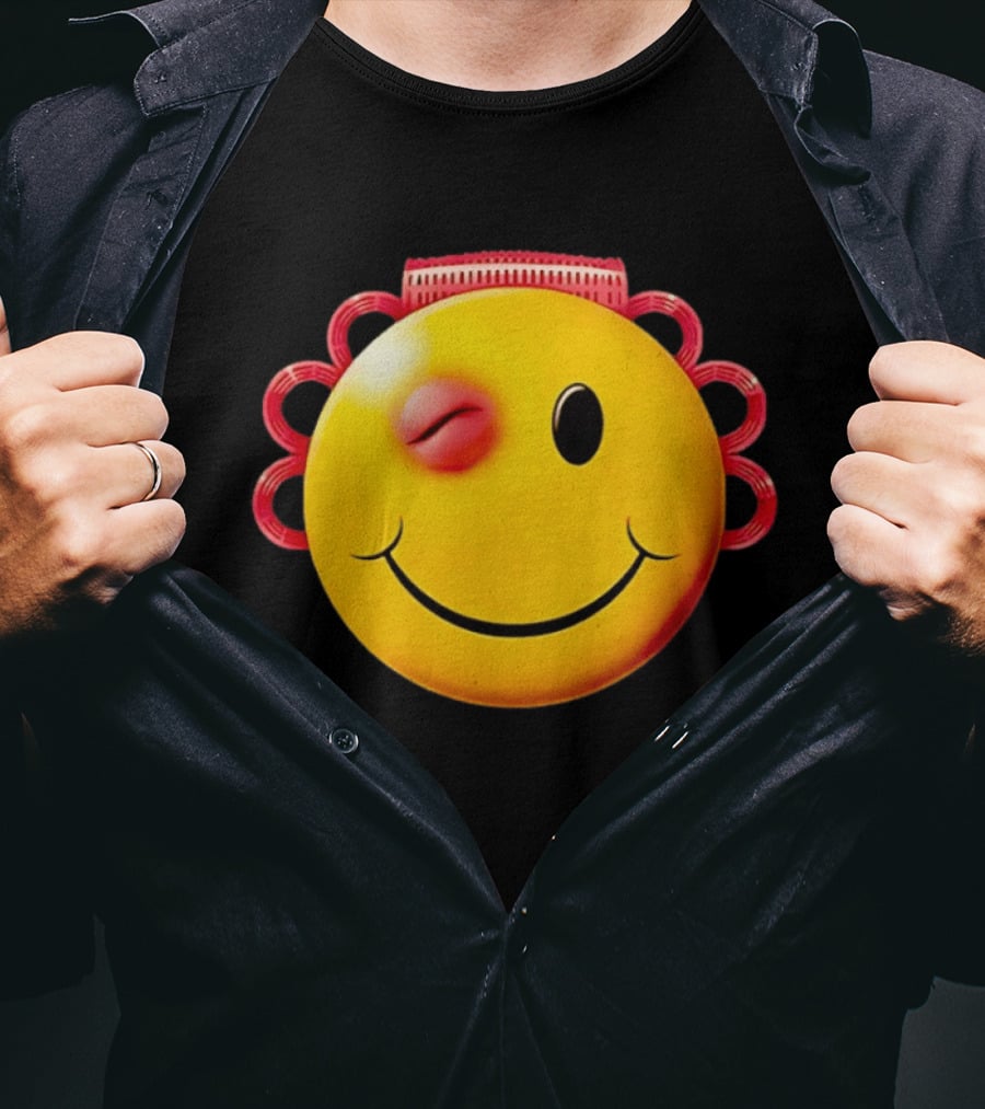 Winking Smiley Face Emoji With Hair Rollers T-Shirt