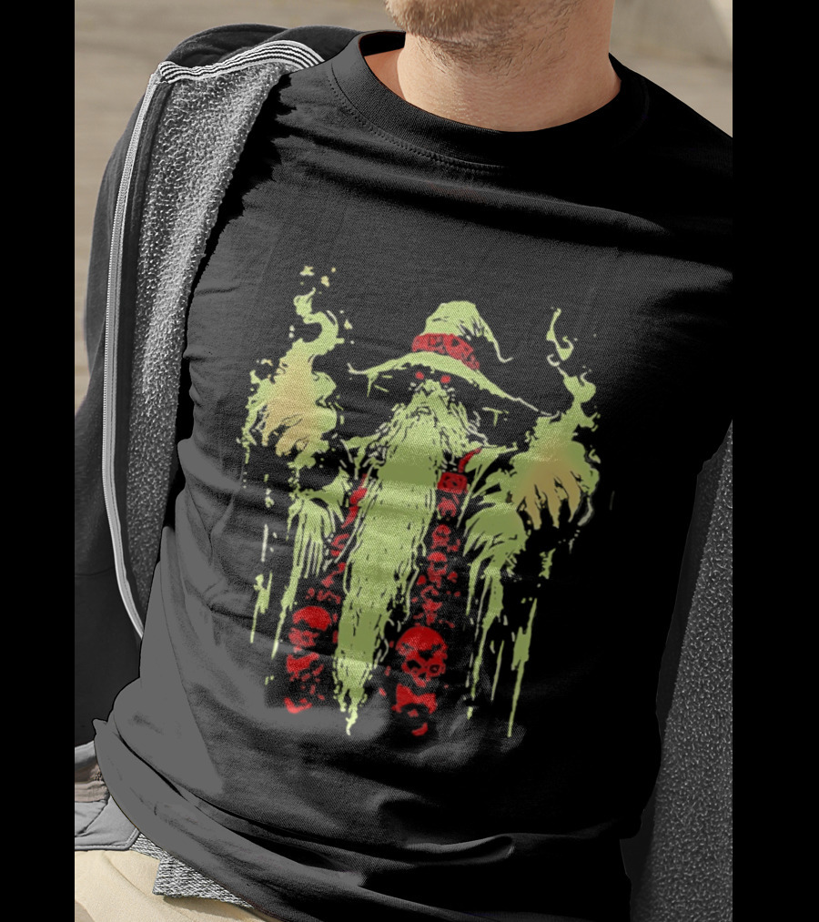 Necromancer Wizard With Glowing Green Fire And Red Skulls T-Shirt