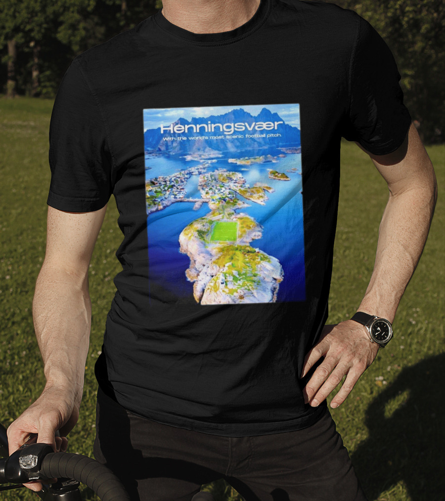 Henningsvaer With The World's Most Scenic Football Pitch Aerial View T-Shirt