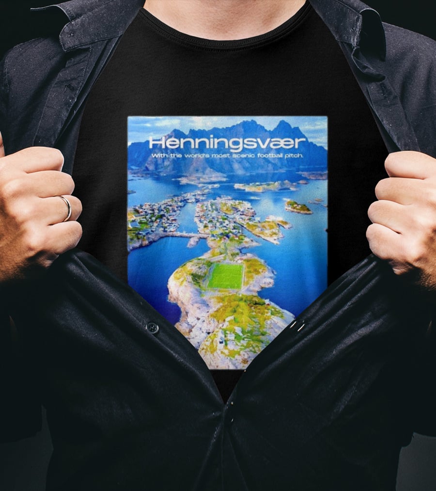Henningsvaer With The World's Most Scenic Football Pitch Aerial View T-Shirt