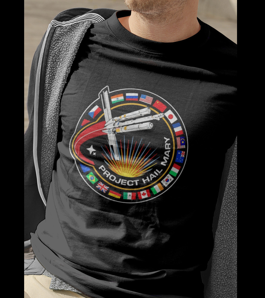 Project Hail Mary Mission Patch With International Flags And Spacecraft T-Shirt