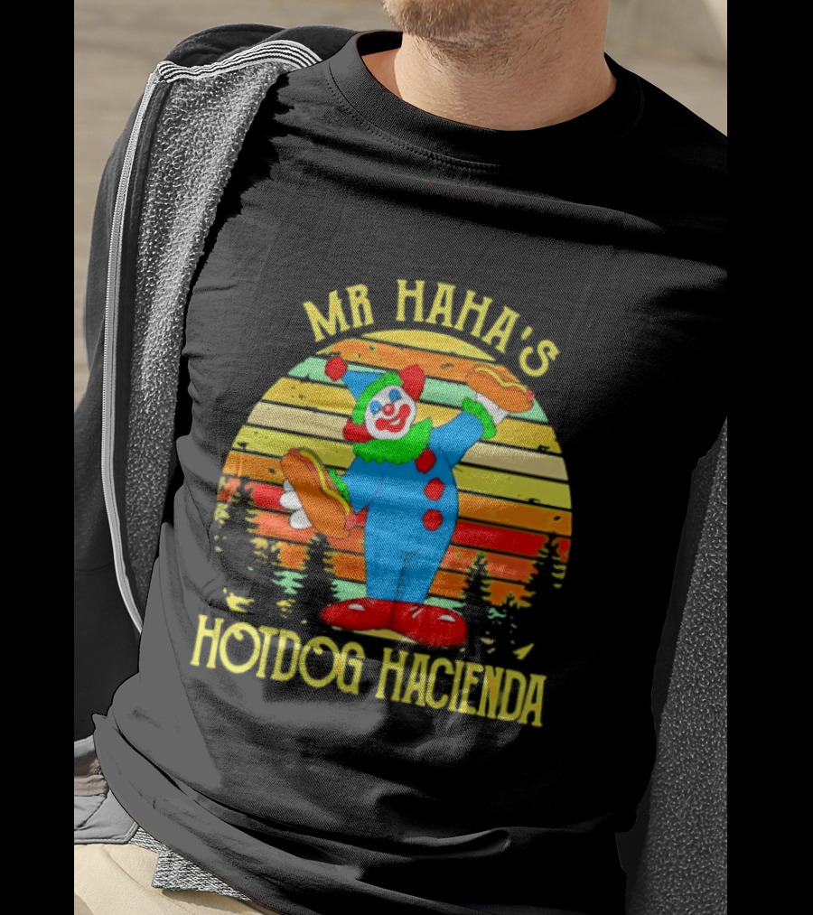 Mr Haha's Hotdog Hacienda Clown In Colorful Costume With Hot Dog T-Shirt