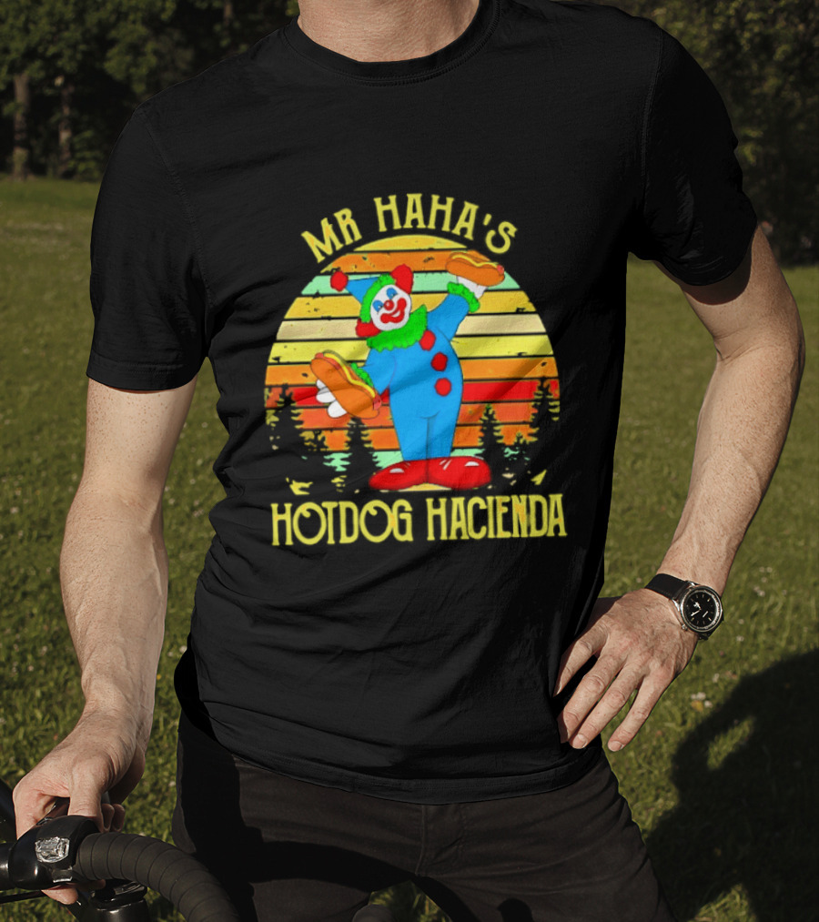 Mr Haha's Hotdog Hacienda Clown In Colorful Costume With Hot Dog T-Shirt