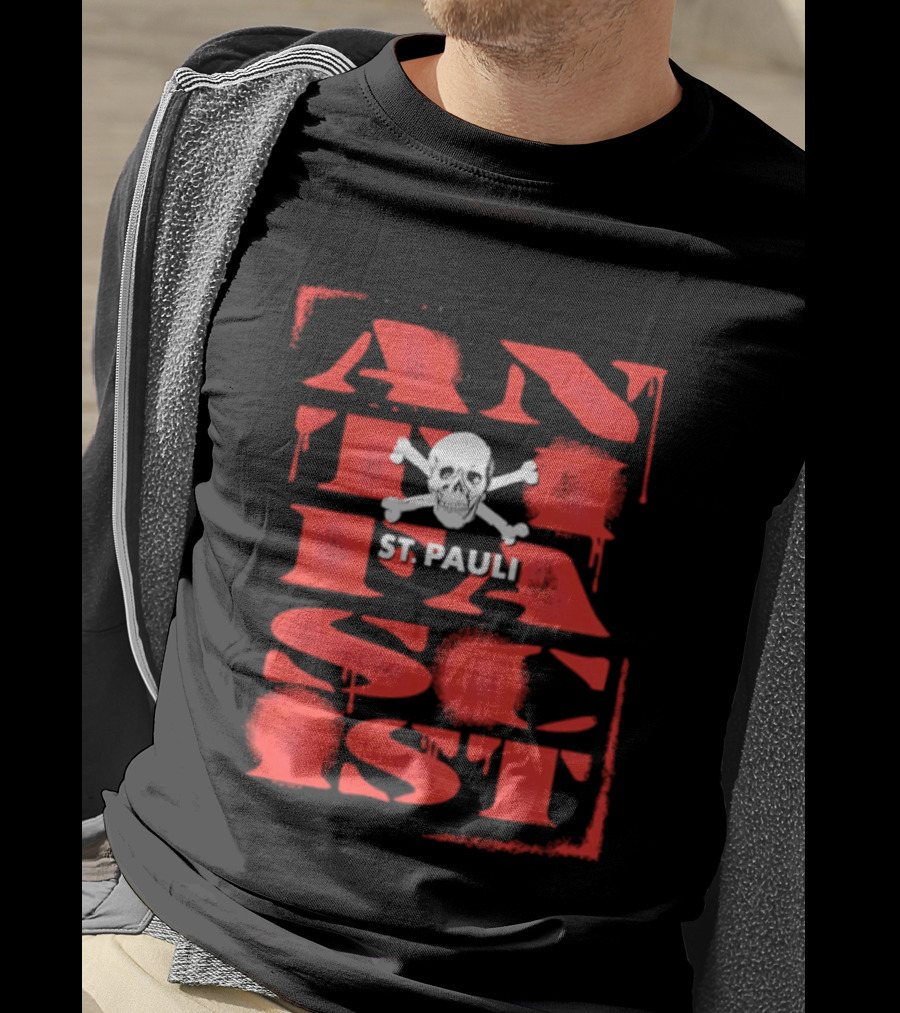St Pauli Anti Fascist Skull Crossbones Stencil T-Shirt