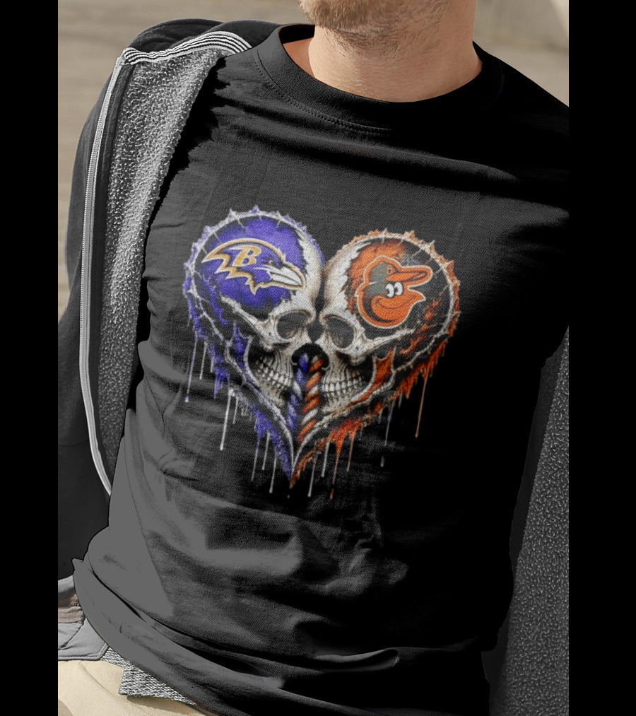 Baltimore Ravens And Baltimore Orioles Skull Heart T-Shirt