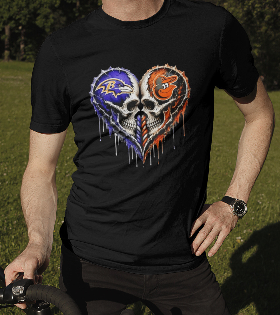 Baltimore Ravens And Baltimore Orioles Skull Heart T-Shirt
