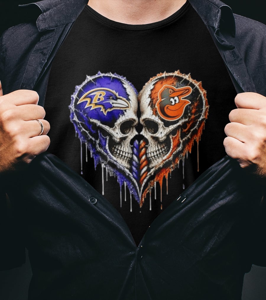 Baltimore Ravens And Baltimore Orioles Skull Heart T-Shirt
