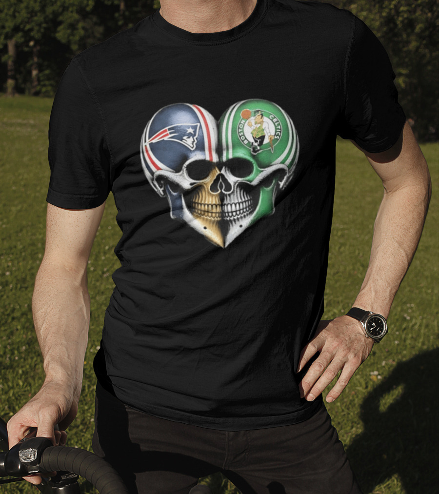 Boston Celtics And New England Patriots Skull Heart T-Shirt
