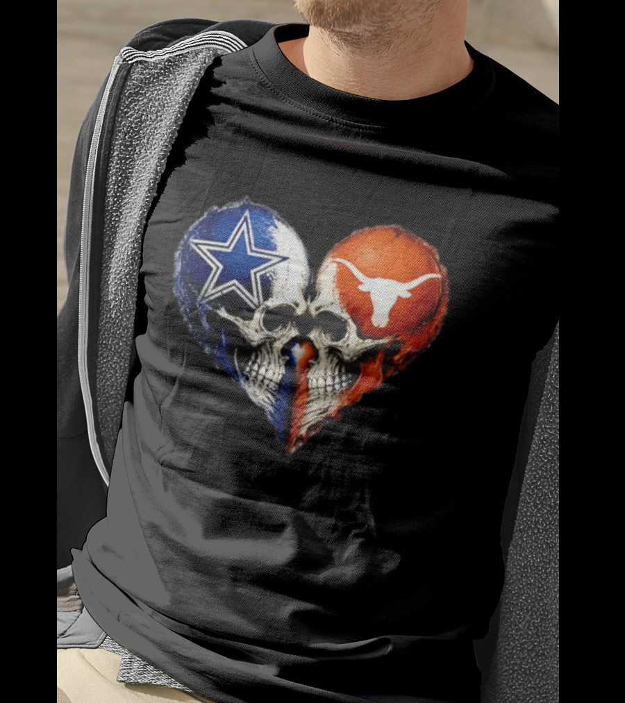 Dallas Cowboys And Texas Longhorns Skulls Heart T-Shirt
