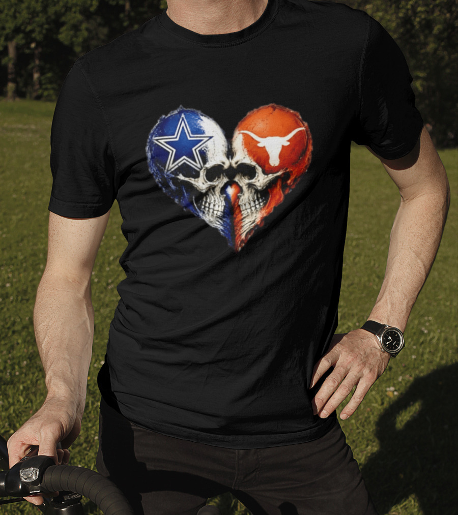 Dallas Cowboys And Texas Longhorns Skulls Heart T-Shirt