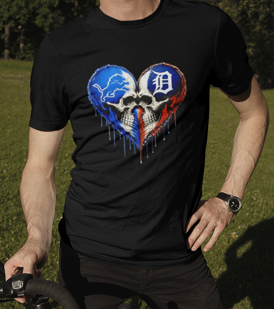 Detroit Lions And Detroit Tigers Skull Heart T-Shirt