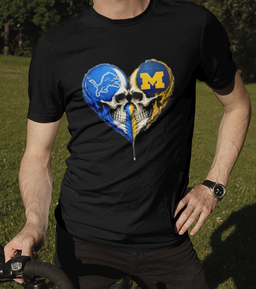 Detroit Lions And Michigan Wolverines Heart Skulls T-Shirt