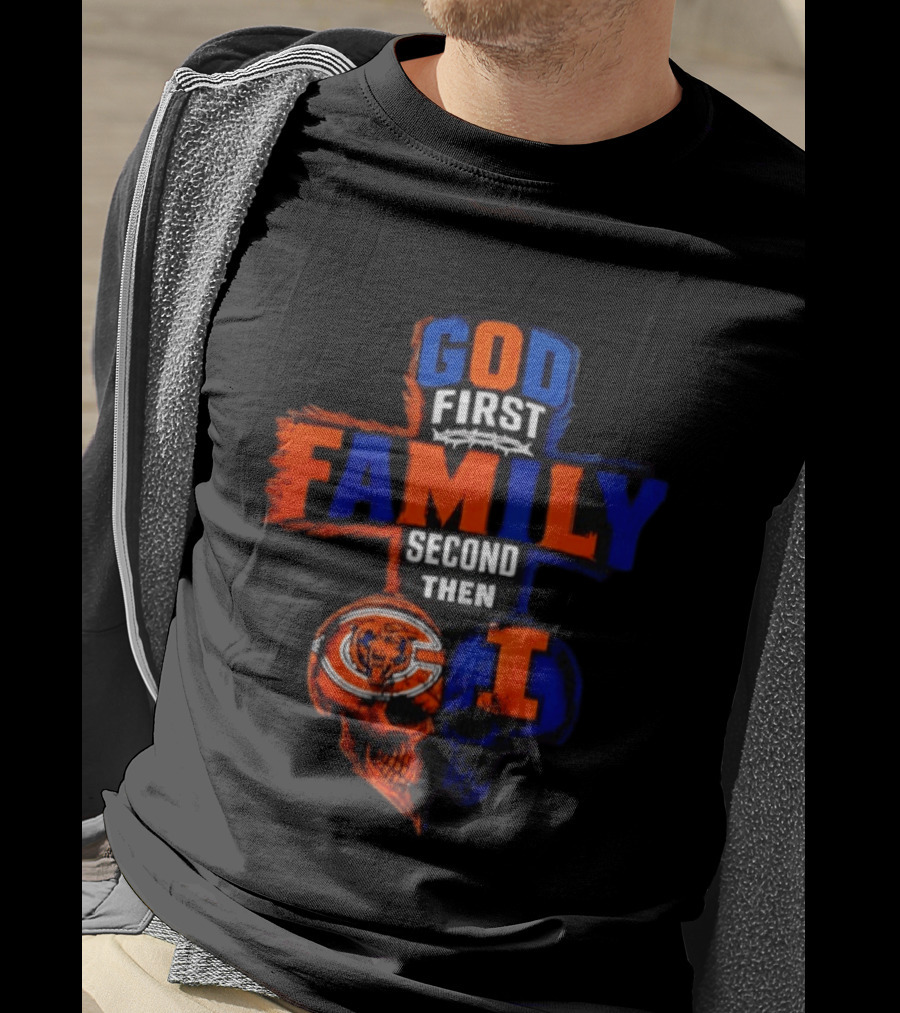 God First Family Second Then Chicago Bears And Illinois Fighting Illini Skull Heart T-Shirt