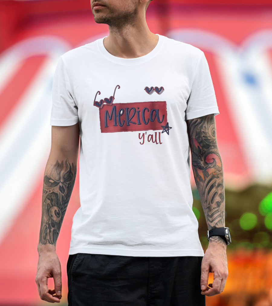 Merica Y'all Patriotic Heart Sunglasses Red Blue Star Fourth Of July T-Shirt