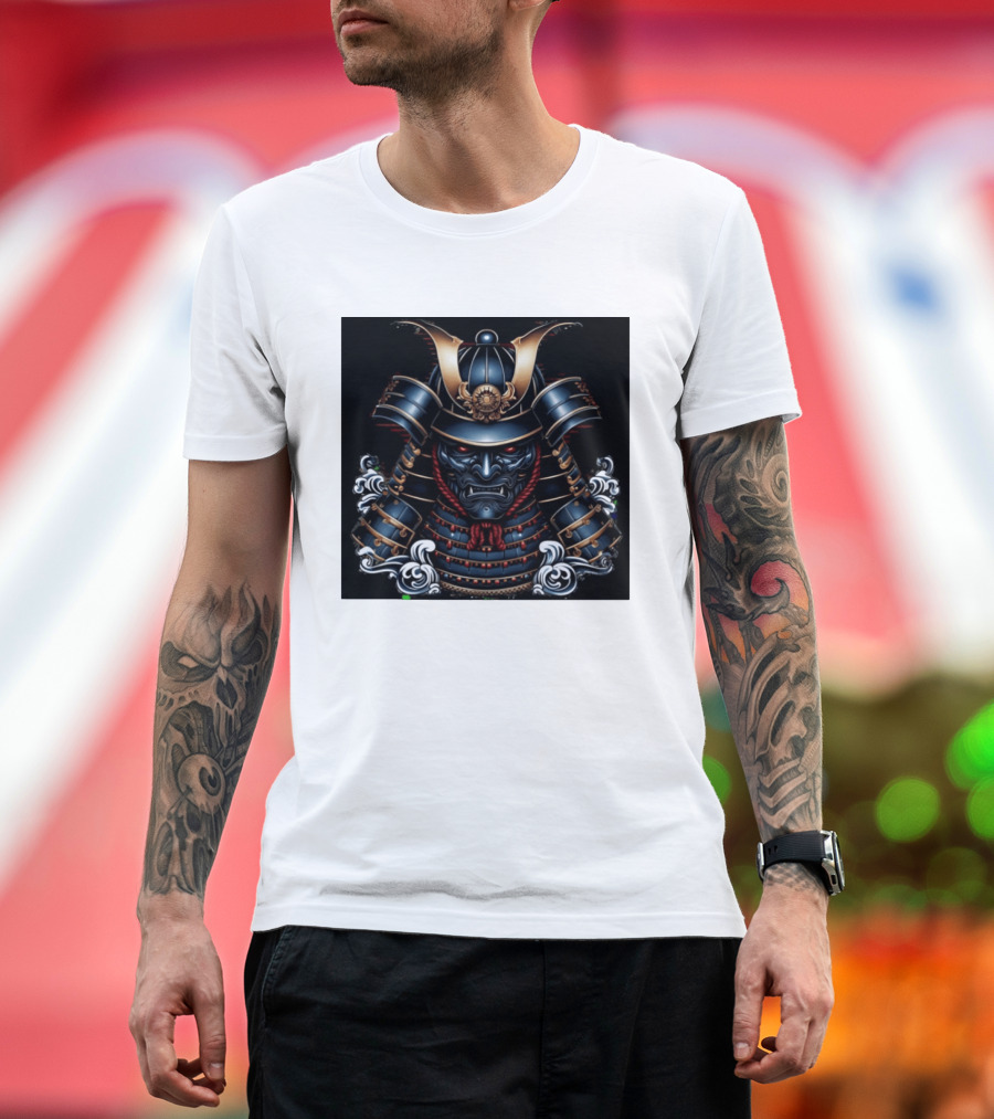 Samurai Warrior Mask Helmet With Traditional Armor And Red Accents T-Shirt