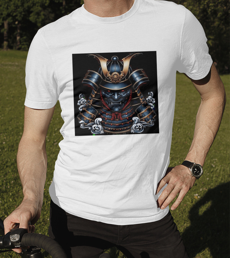 Samurai Warrior Mask Helmet With Traditional Armor And Red Accents T-Shirt