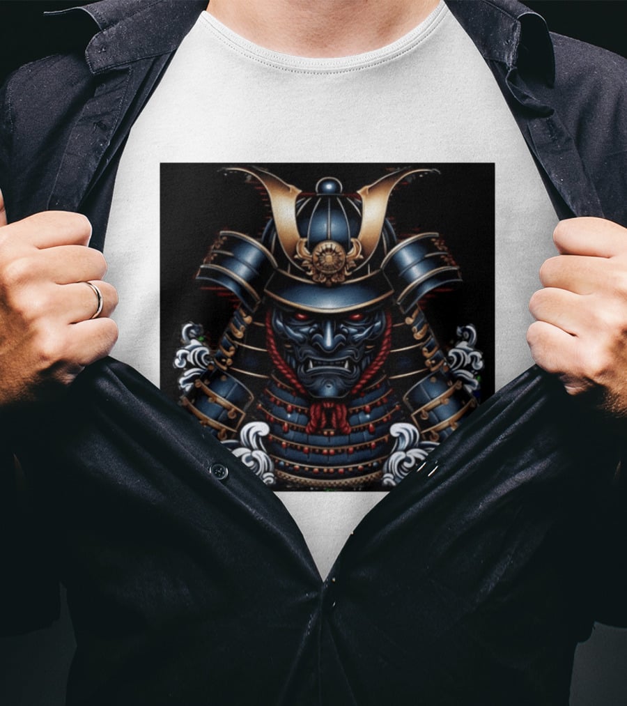 Samurai Warrior Mask Helmet With Traditional Armor And Red Accents T-Shirt