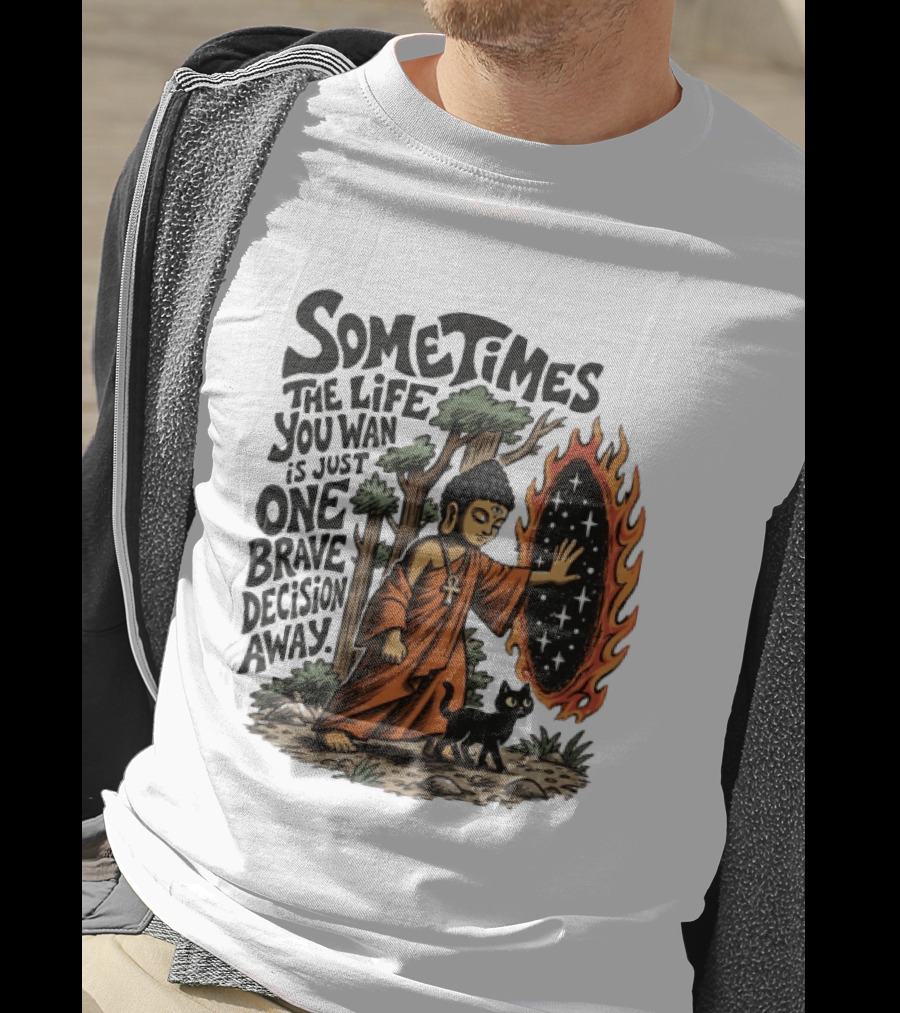 Sometimes The Life You Want Is Just One Brave Decision Away Buddha Cat Portal Forest T-Shirt